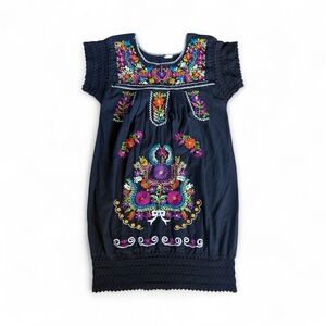 Embroidered Mexican Dress Black‎ Acrylic Floral Handmade Boho Bohemian Small